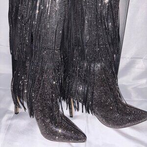 INC Womens "Shyn" Black Silver Fringe Knee High Stiletto Boots Sz 7